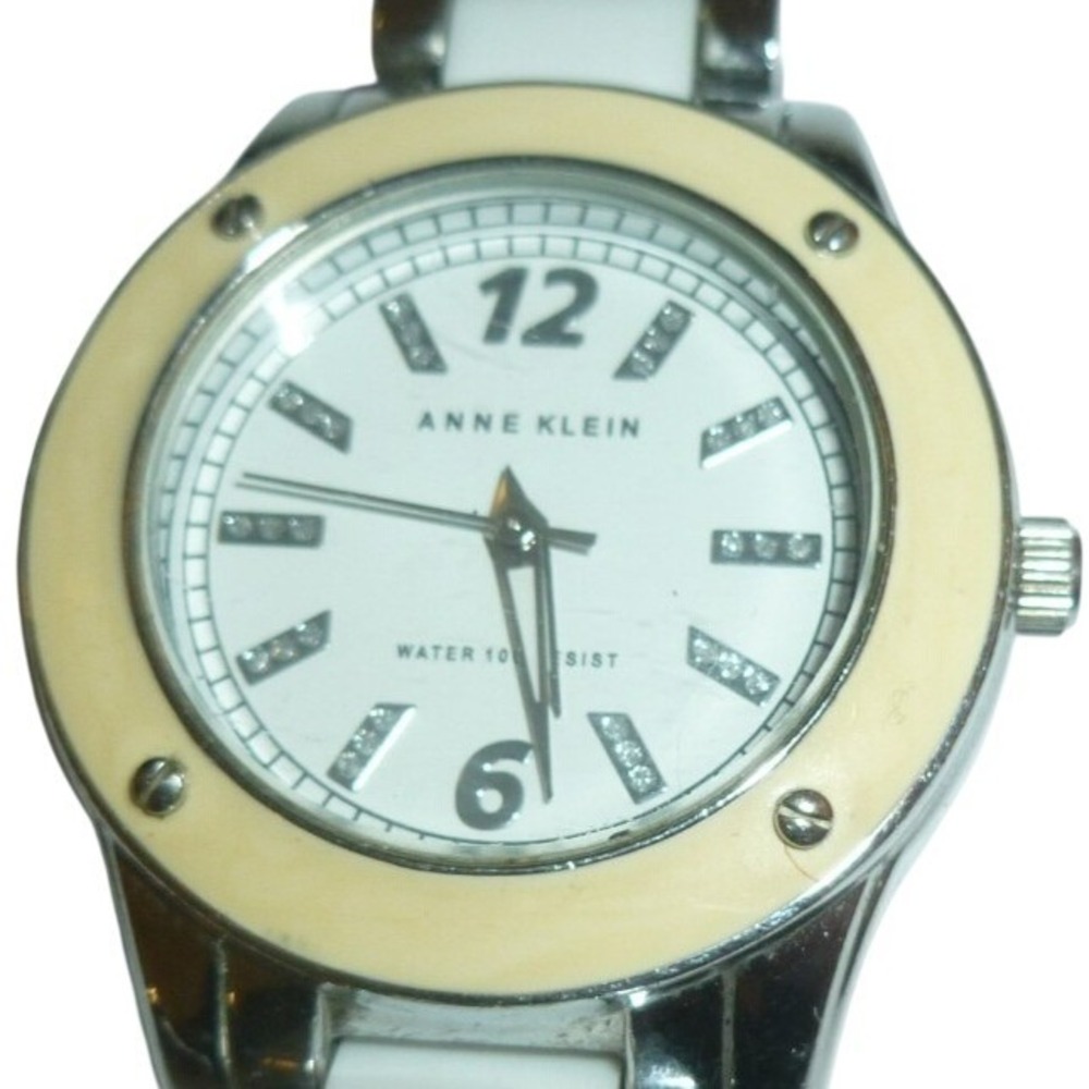 Anne Klein Women Silver White Ceramic Link Watch 10/9161 Y121E Crystal Markers